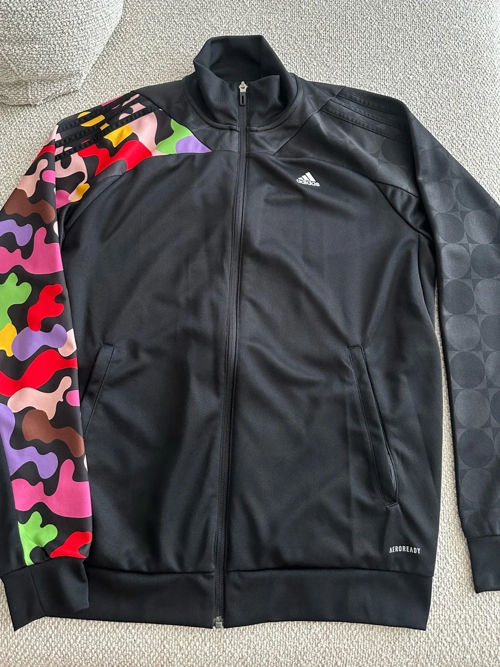 Adidas Rich Mnisi Black Jacket with Multicolor Camo Left Sleeve